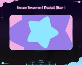 May include: A pastel purple and pink background with a large blue star in the center. The text "Stinger Transition | Pastel Star |" is at the top of the image.