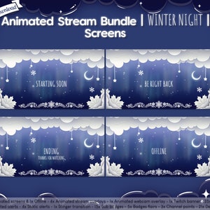 Animated Winter Night Complete Stream Bundle Package Twitch Overlay Christmas Holiday Snow Flake Cloud Celestial Star image 2