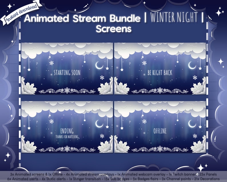 Animated Winter Night Complete Stream Bundle Package Twitch Overlay Christmas Holiday Snow Flake Cloud Celestial Star image 2