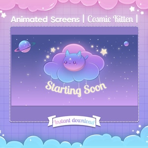 Animated Screens "Cosmic Kitten" - Twitch - Youtube - Overlay - Stream - Cloud - Pastel - Cute - Planet - Space - Star - Cat - Kawaii