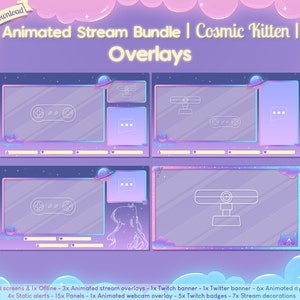 Animated Cosmic Kitten Complete Stream Bundle Twitch Overlay Cute Pastel Cat Kawaii Star Youtube Space Planet Celest image 3