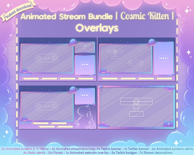 Animated Cosmic Kitten Complete Stream Bundle Twitch Overlay Cute Pastel Cat Kawaii Star Youtube Space Planet Celest image 3