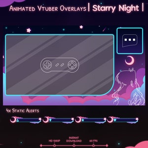Paquete de superposición animado de Vtuber "Noche estrellada" - Twitch Stream - Youtube - Luna - Nube - Celestial - Cielo - Kawaii - Lindo - Fondo verde