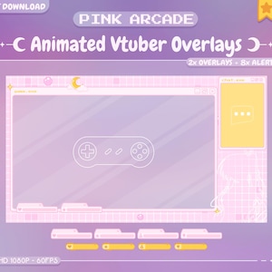 Op de afbeelding: Roze en witte geanimeerde Twitch-overlay met een gepixelde arcade-thema. De overlay bevat een gamecontroller, een chatbox en een notificatiebalk. De tekst "PINK ARCADE" en "Animated Vtuber Overlays" wordt weergegeven in een gepixelde lettertype.