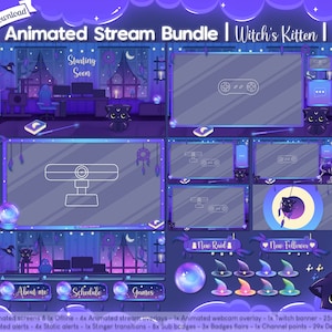 Animated &quot;Witch&#39;s Kitten&quot; Complete Stream Bundle - Overlay - Halloween - Cat - Witch - Spooky - Ghost - Lofi - Pumpkin - Twitch - Goth