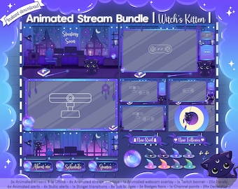 Animated &quot;Witch&#39;s Kitten&quot; Complete Stream Bundle - Overlay - Halloween - Cat - Witch - Spooky - Ghost - Lofi - Pumpkin - Twitch - Goth