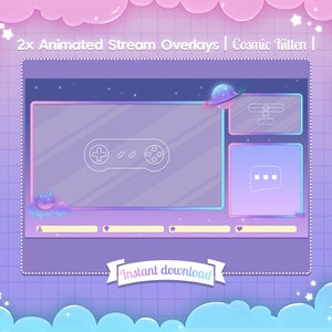 Animated &quot;Cosmic Kitten&quot; Ingame & Just Chatting Overlay - Twitch - Youtube - Facebook - Stream - Kawaii - Pastel - Cute - Star - Cat - Space