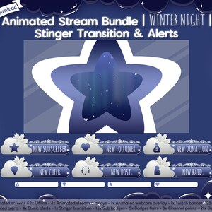 Puede incluir: Paquete de transmisi&oacute;n animado para Twitch con tem&aacute;tica de noche de invierno. El paquete incluye una transici&oacute;n de aguij&oacute;n, alertas, pantallas, superposiciones y m&aacute;s. La imagen muestra un fondo azul con una estrella blanca y nubes. El texto "NEW SUBSCRIBER", "NEW FOLLOWER", "NEW DONATION", "NEW CHEER", "NEW HOST" y "NEW RAID" se muestra en las nubes.