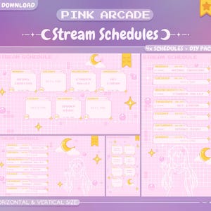 Op de afbeelding: Roze digitale stream-schema templates met een rasterachtergrond, met de tekst "Pink Arcade" en "CStream Schedules". De templates bevatten secties voor streamtijden en speltitels, met decoratieve sterren, manen en een DIY-pakket.
