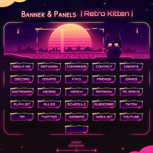 Twitch &quot;Retro Kitten&quot; Banner and Panels Pack - Stream - Cat - Neko - 80&#39;s - Synthwave - Purple Neon - City - Sun - Stars - Cute & Kawaii