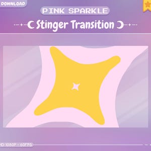 Op de afbeelding: Een roze en paarse gradiëntachtergrond met een gele stervorm in het midden. De tekst "PINK SPARKLE -+-C Stinger Transition +--" staat bovenaan de afbeelding. De tekst "HD 1080P - 60FPS" staat onderaan de afbeelding.
