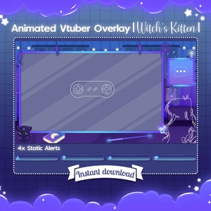 Animated &quot;Witch&#39;s Kitten&quot; Vtuber Overlay - Twitch - Halloween - Spooky - Cat - Kitty - Neko - Cute - Moon - Lofi - Fantasy - Dreamcatcher