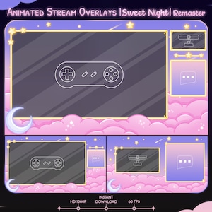 Animated "Sweet Night" Overlay Pack Remastered - InGame & Just Chatting - Twitch - Stream - Cloud - Stars - Moon - Pink - Purple - Kawaii