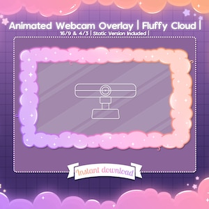 Könnte beinhalten: Animierter Webcam-Overlay mit einem flauschigen Wolkenrahmen in Rosa und Orange. Der Overlay enthält ein Webcam-Symbol und den Text "Animated Webcam Overlay | Fluffy Cloud | 16/9 & 4/3 | Static Version Included | Instant Download".