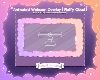 May include: Animated webcam overlay with a fluffy cloud frame in pink and orange. The overlay includes a webcam icon and the text "Animated Webcam Overlay | Fluffy Cloud | 16/9 & 4/3 | Static Version Included | Instant Download".