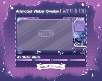Animated "Santa's Kitten" Vtuber Overlay - Twitch - Stream - Christmas - Fantasy - Cat - Kitty - Winter - Snow - Cute - Kawaii - Tree