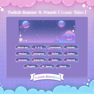 Twitch "Cosmic Kitten" Banner and Panels - Twitter - Stream - Cloud - Pastel - Cute - Star - Space - Planet - Cat - Kawaii - Thumbnail