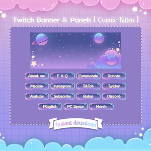 Twitch &quot;Cosmic Kitten&quot; Banner and Panels - Twitter - Stream - Cloud - Pastel - Cute - Star - Space - Planet - Cat - Kawaii - Thumbnail