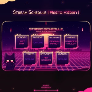 Stream Schedule &quot;Retro Kitten&quot; - Twitch - Youtube - Instagram - Synthwave - 80s - Cat - City - Arcade - Kawaii Cute - Neko - Customizable