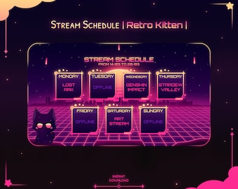 Stream Schedule "Retro Kitten" - Twitch - Youtube - Instagram - Synthwave - 80s - Cat - City - Arcade - Kawaii Cute - Neko - Customizable