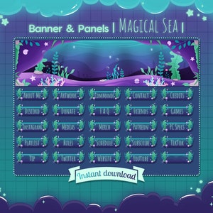 Könnte beinhalten: Ein Satz Twitch-Panels mit einem magischen Meer-Thema. Die Panels sind lila mit grünem Seegras und Blasen. Der Text auf den Panels beinhaltet "Über mich", "Kunstwerke", "Befehle", "Kontakt", "Credits", "Discord", "Spenden", "FAQ", "Freunde", "Spiele", "Instagram", "Medien", "Merch", "Patreon", "PC-Spezifikationen", "Playlist", "Regeln", "Zeitplan", "Abonnieren", "TikTok", "Tipp", "Twitter", "Website" und "YouTube". Der Text "Sofort herunterladen" ist ebenfalls enthalten.