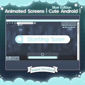 Animated Screens &quot;Cute Android - Blue Edition&quot; - Twitch - Youtube - Overlay - Stream - Scene - Modern - Simple - Futuristic - Star - Phone