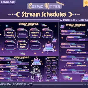Op de afbeelding: Digitale download met een paars en blauw stream schema ontwerp met een kosmisch kitten thema. Bevat meerdere schema-indelingen voor verschillende streamingdagen, met tekst als "Animal Crossing", "Stardew Valley" en "Art Stream".
