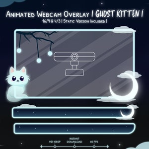 May include: Animated webcam overlay with a ghost kitten design. The overlay features a glowing blue frame with a webcam icon, a crescent moon, and a cute cartoon kitten. The text "HD 1080P", "INSTANT DOWNLOAD", and "60 FPS" is displayed at the bottom.