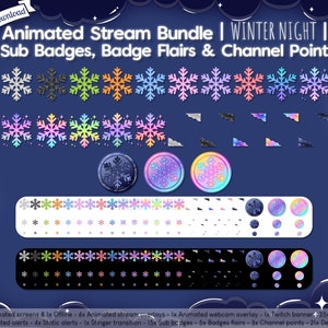 Puede incluir: Una ilustraci&oacute;n digital de un paquete de transmisi&oacute;n de Twitch con tem&aacute;tica de noche de invierno. El paquete incluye pantallas animadas, superposiciones, alertes, insignias de suscriptor, animaciones de insignias, puntos de canal y decoraciones. Las ilustraciones presentan copos de nieve, lunas y un degradado de colores azul, morado, rosa y verde.