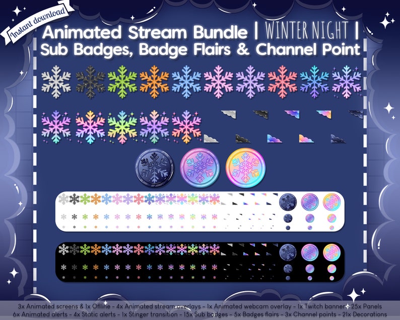 Animated Winter Night Complete Stream Bundle Package Twitch Overlay Christmas Holiday Snow Flake Cloud Celestial Star image 6