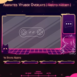Animated &quot;Retro Kitten&quot; Vtuber Overlay Pack - Twitch Stream - Youtube - Cat - Synthwave - Futuristic City - Neon 80s - Sun - Modern Kawaii