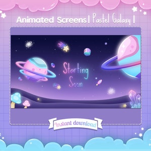 May include: Animated screen display with a pastel galaxy theme. The screen shows a purple and blue galaxy with planets, stars, and a rocket ship. The text "Starting Soon" is displayed in a neon pink font. The text "Instant download" is displayed in a purple ribbon.