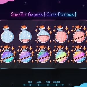 May include: Nine different potion bottle badges for Twitch or other streaming platforms. The badges are in various sizes, from 18x18 pixels to 500x500 pixels. The bottles are filled with different colored liquids and have a swirling galaxy design. The badges are perfect for rewarding viewers for their support.