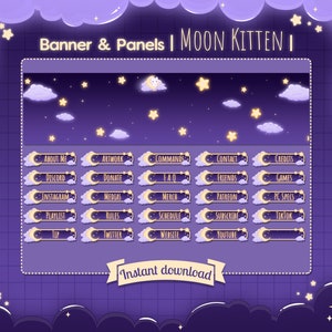 Pancarta y paneles "Moon Kitten" de Twitch - Transmisión - Miniatura - Gato - Kitty - Neko - Nube - Estrellas - Cielo - Celestial - Cute & Kawaii - Lunar