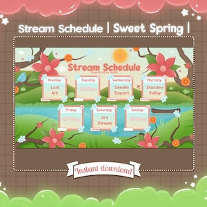 Może przedstawiać: Kolorowy grafik harmonogramu strumieniowania z motywem wiosennym. Harmonogram zawiera dni tygodnia od poniedziałku do niedzieli, z odpowiadającymi im aktywnościami i godzinami. Grafika przedstawia fantazyjną ilustrację rzeki, drzew i kwiatów.