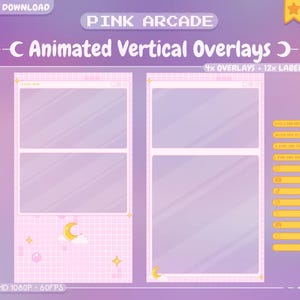 Superposición animada de TikTok "Pink Arcade" - Transmisión en vivo - Vertical - Kawaii - Adorable - Retro - Lofi - Nube - Luna - 8 bits - Acogedor - Juegos - Chat
