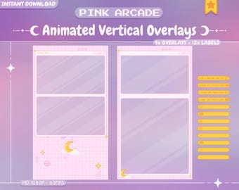 Puede incluir: Superposiciones verticales animadas de color rosa y blanco para streaming, con un diseño de luna y estrellas. Las superposiciones son 1080p y 60fps. El texto "PINK ARCADE" está en la parte superior de la imagen. El texto "Animated Vertical Overlays" está debajo del título. El texto "4x OVERLAYS + 12x LABELS" está debajo del título. El texto "HD 1080P - 60FPS" está en la parte inferior de la imagen.