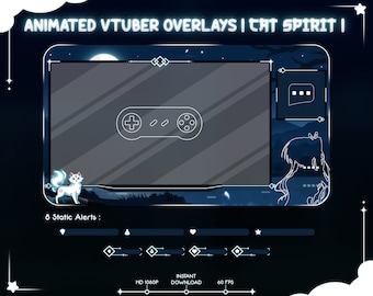 Animated "Cat Spirit" Vtuber Overlay Stream Package - Dark Overlay for Twitch, Youtube & Kick