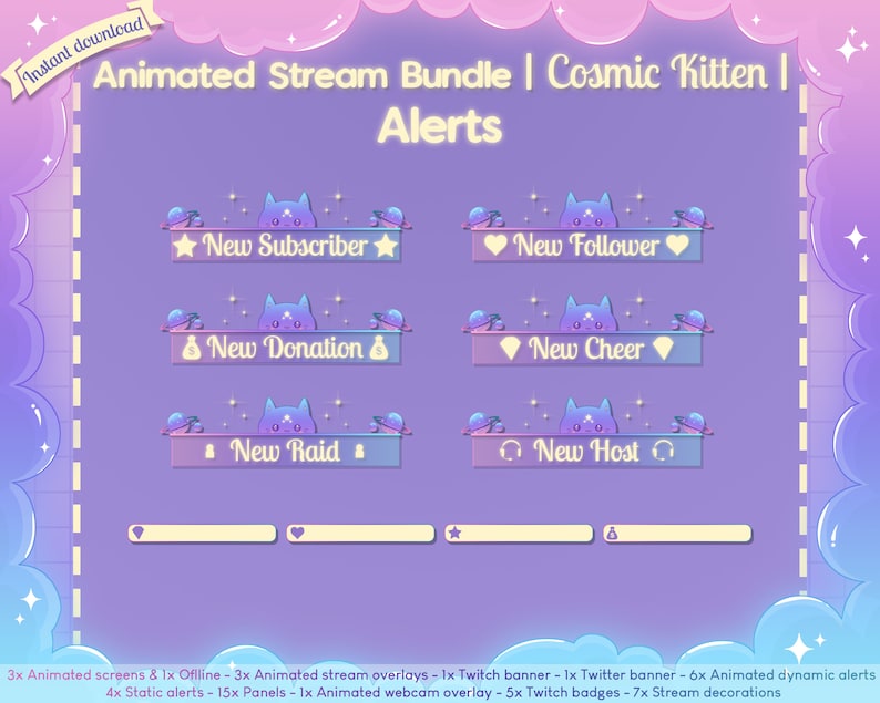 Animated Cosmic Kitten Complete Stream Bundle Twitch Overlay Cute Pastel Cat Kawaii Star Youtube Space Planet Celest image 4