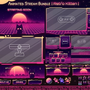 Puede incluir: Paquete de transmisión de Twitch animado con un tema de gatito retro. El paquete incluye una pantalla de inicio, una superposición de cámara web, una alerta de nuevo seguidor, una alerta de nuevo suscriptor y otras superposiciones. El paquete también incluye insignias, emoticonos y decoraciones.