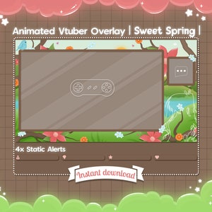 Animated &quot;Sweet Spring&quot; Vtuber Overlay - Twitch Stream - Cottage - Landscape - Scenery - Countryside - Bird - Mill - Lake - Kawaii - Cute