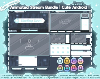 アニメーション付き「かわいいAndroid - ブルーエディション」ストリームパッケージ - Twitch、Kick、Youtube用ベビーブルーオーバーレイ - OBS & Streamlabsパック