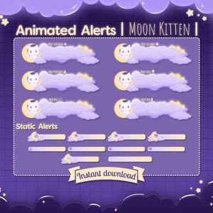 Paquete de alertas animadas "Moon Kitten" - Twitch - Youtube - Stream - Overlay - Cat - Neko - Kitty - Luna - Nube - Cielo - Espacio - Estrellas - Kawaii