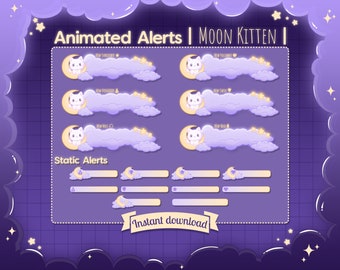 Animated "Moon Kitten" Alerts Pack - Twitch - Youtube - Stream - Overlay - Cat - Neko - Kitty - Moon - Cloud - Sky - Space - Stars - Kawaii