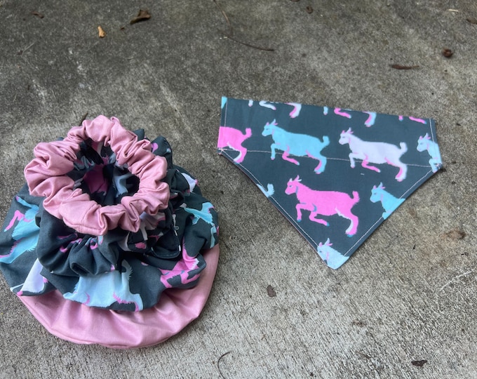 Slide-On Dog Bandana and Scrunchie Set - Pink Goats - Reversible Bandana - Match your Dog - Hemlock Hound