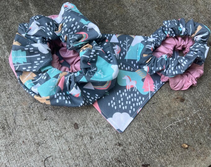 Slide-On Dog Bandana and Scrunchie Set - Pink Unicorns - Reversible Bandana - Match your Dog - Hemlock Hound