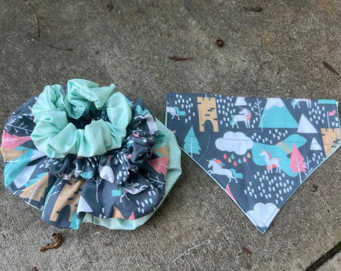 Slide-On Dog Bandana and Scrunchie Set - Unicorns and Mountains - Reversible Bandana - Match your Dog - Hemlock Hound