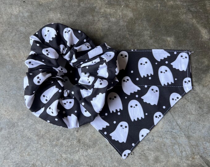 Slide On Dog Halloween Bandana and Scrunchie Set - Black and White Ghosts - Reversible Bandana - Match your Dog - Hemlock Hound
