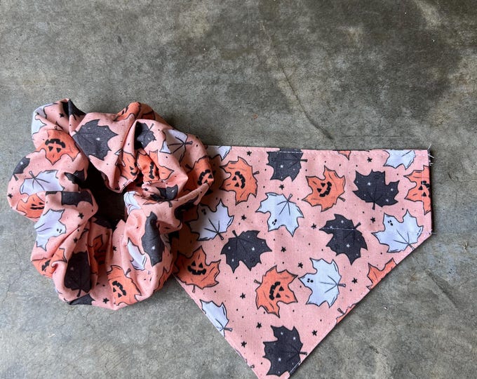 Slide On Dog Halloween Bandana and Scrunchie Set - Jack-o-Lantern Fall Leaves - Reversible Bandana - Match your Dog - Hemlock Hound