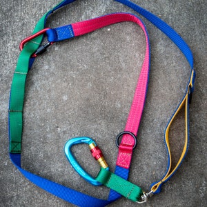 May include: A blue, green, pink, and yellow dog leash with two metal carabiners. The leash is made of woven nylon.